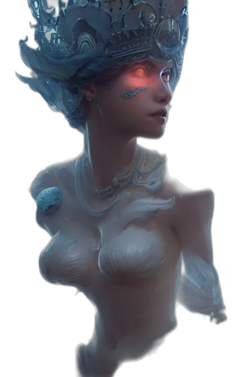 crown, dress, face, robot, concept art, fantasy art, cyberpunk, 3d render transparent PNG cut-out