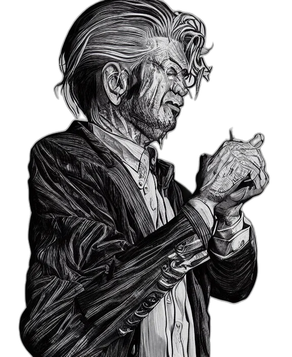 jacket, face, creature, staff, concept art, comic book art, pencil sketch, cartoon transparent PNG cut-out