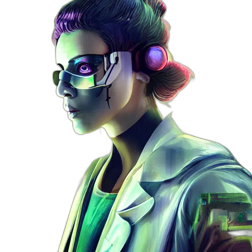 jacket, mask, robot, staff, cyberpunk, concept art, vaporwave, comic book art transparent PNG cut-out