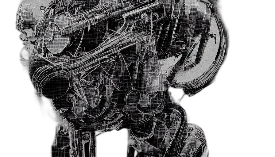 robot, weapon, mask, hair, cyberpunk, comic book art, 3d render, concept art transparent PNG cut-out