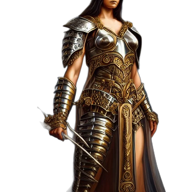 sword, dress, fantasy art, concept art, 3d render, photorealistic, golden, beautiful transparent PNG cut-out