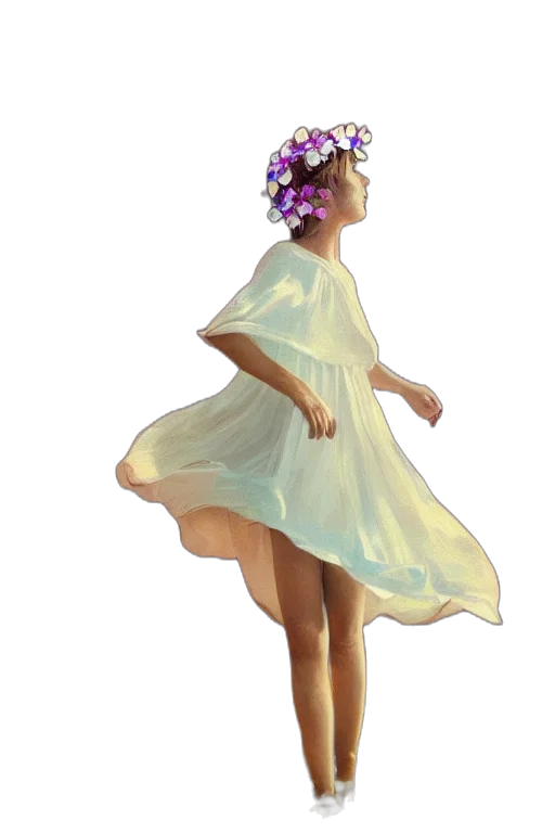 dress, crown, flower, staff, concept art, photorealistic, oil painting, 3d render transparent PNG cut-out