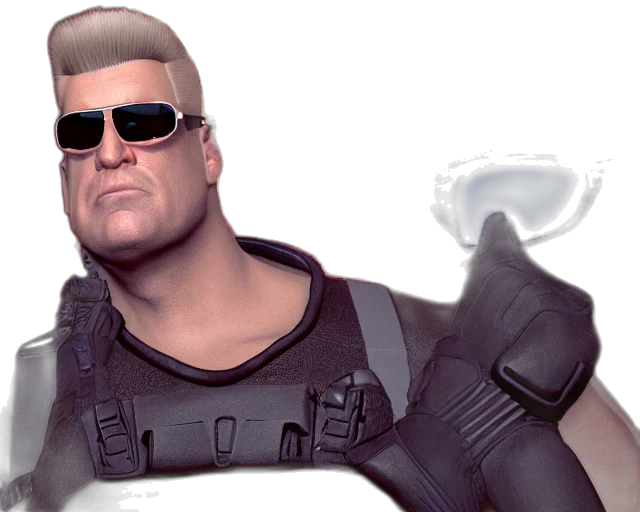 3d render, concept art, cyberpunk, comic book art, duke, nukem, wearing, reflective transparent PNG cut-out