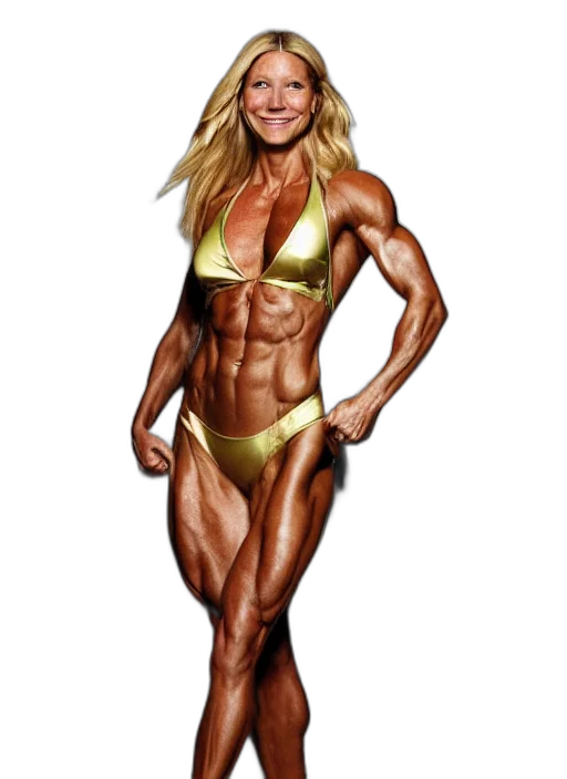photorealistic, cartoon, photoshoot, gwyneth, paltrow, miss, olympia, bodybuilder transparent PNG cut-out