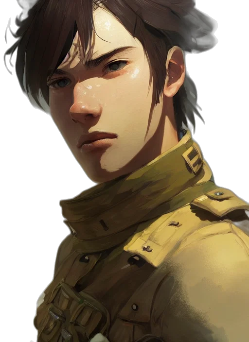face, staff, jacket, weapon, concept art, fantasy art, photorealistic, anime transparent PNG cut-out