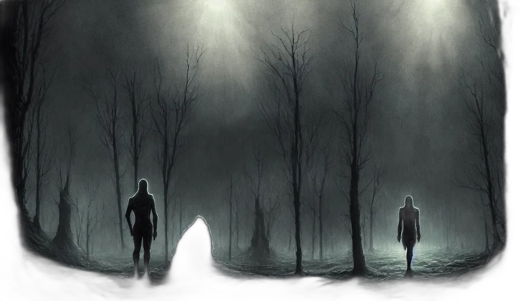 concept art, fantasy art, comic book art, photorealistic, fog, night, snow, forest transparent PNG cut-out
