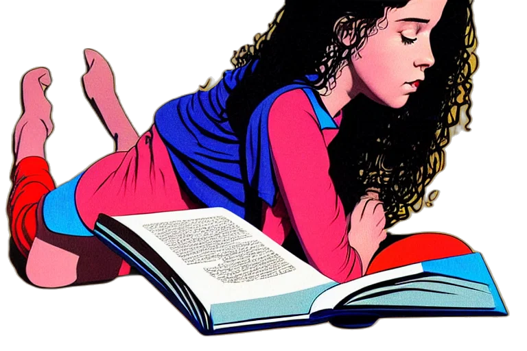 comic book art, centre, portrait, girl, reading, book, symmetry, retro transparent PNG cut-out