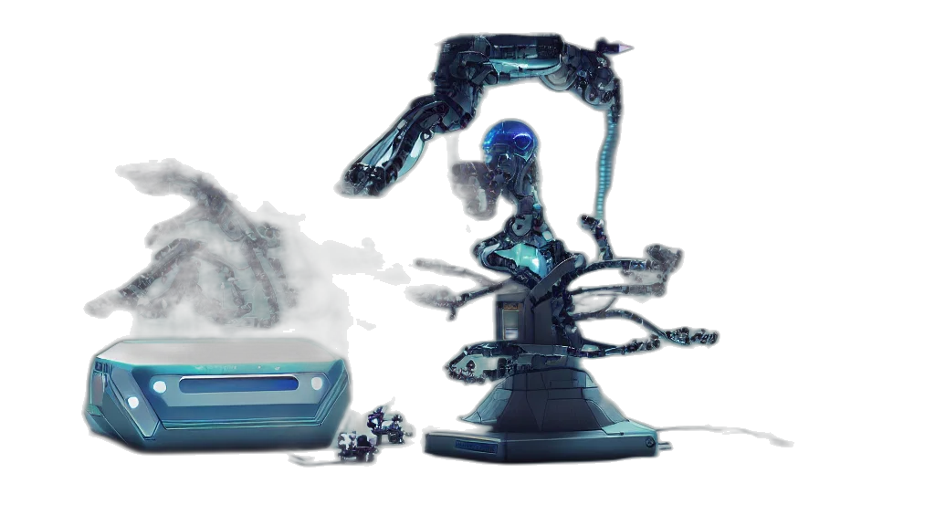 robot, concept art, cyberpunk, 3d render, pixel art, fog, outer space, neon lights transparent PNG cut-out