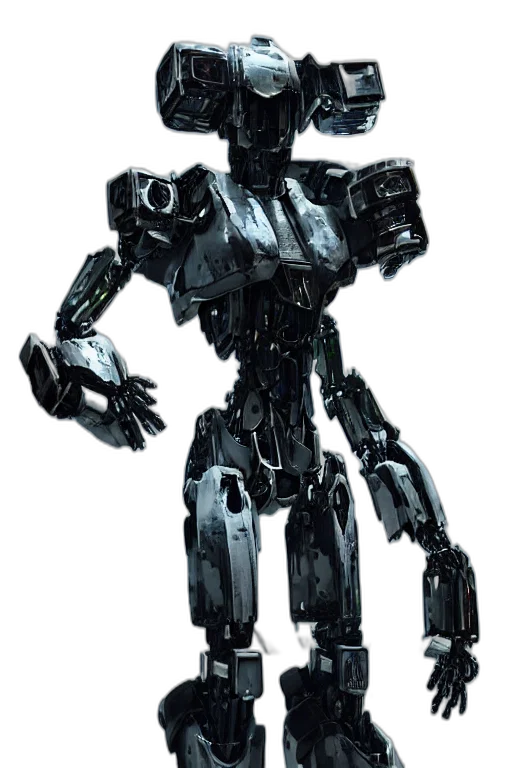 robot, weapon, concept art, 3d render, pixel art, comic book art, monochrome, furture transparent PNG cut-out