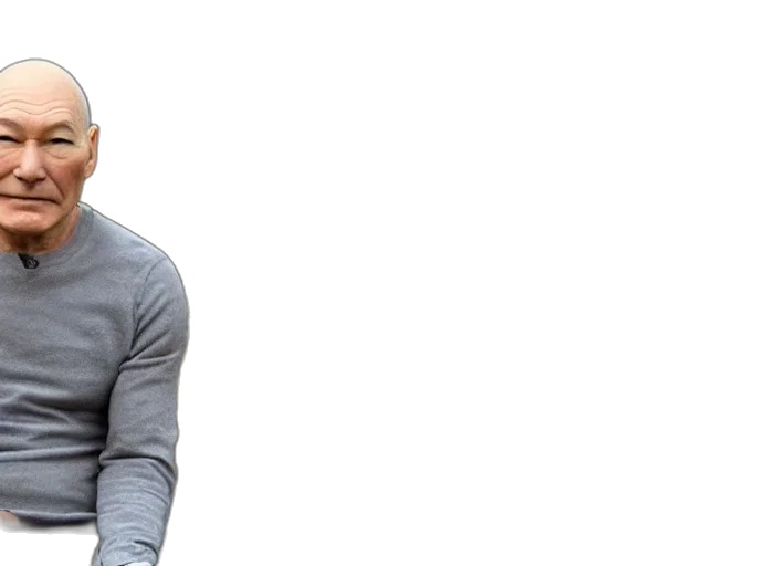 jacket, staff, 3d render, photorealistic, monochrome, patrick, stewart, sitting transparent PNG cut-out