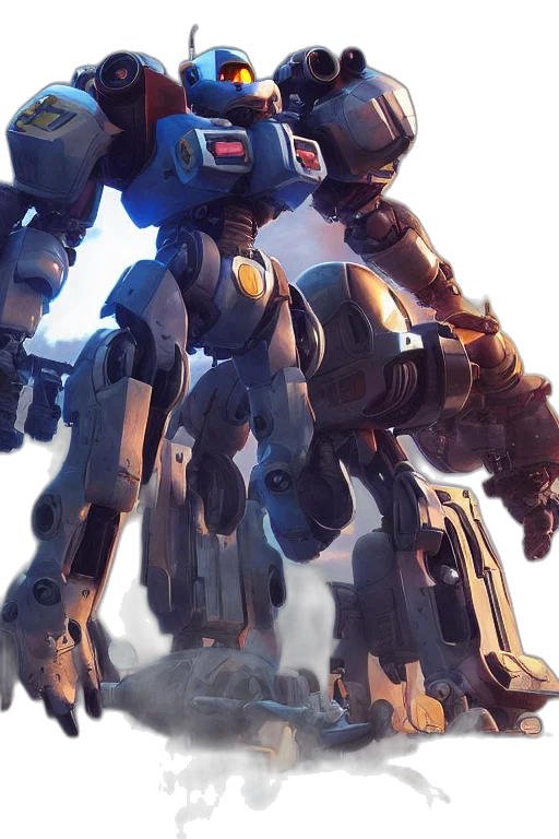 robot, weapon, concept art, 3d render, fantasy art, comic book art, blue, mechwarrior transparent PNG cut-out