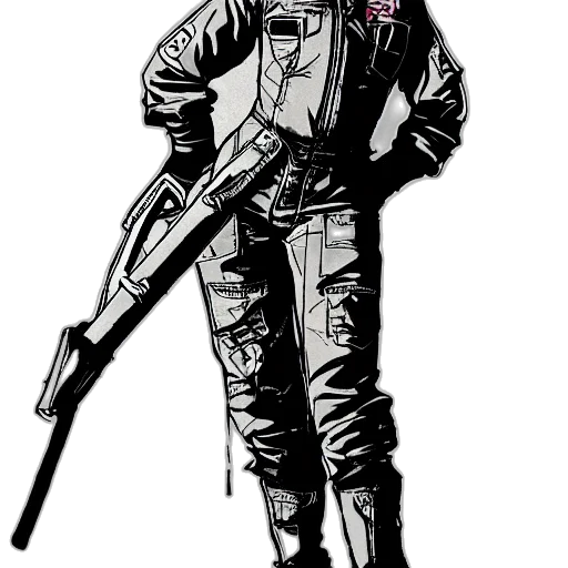 jacket, weapon, comic book art, cyberpunk, concept art, cartoon, full, body transparent PNG cut-out
