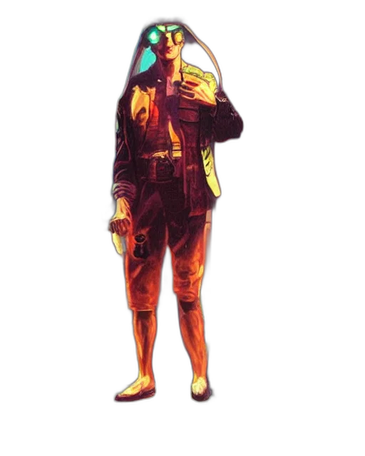 jacket, staff, mask, robot, concept art, comic book art, cyberpunk, pixel art transparent PNG cut-out