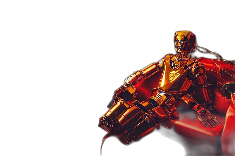 robot, weapon, concept art, 3d render, pixel art, comic book art, red, golden transparent PNG cut-out