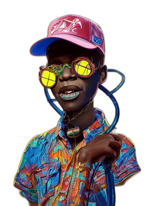 face, mask, hat, jacket, cyberpunk, vaporwave, concept art, photorealistic transparent PNG cut-out