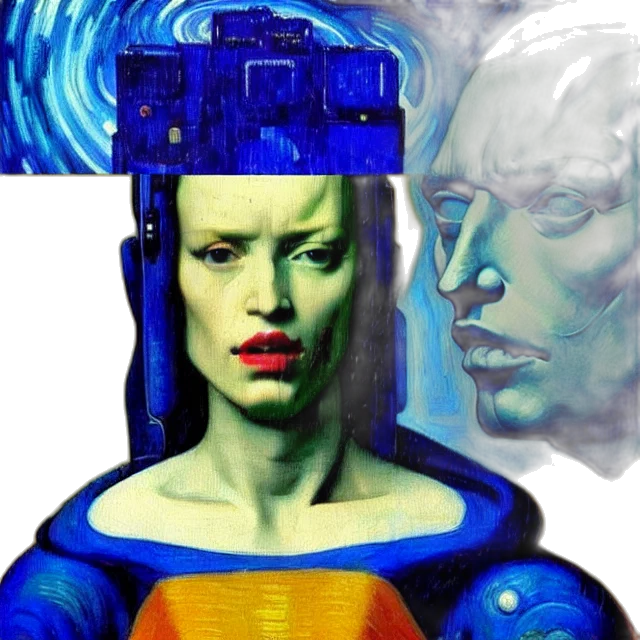 face, robot, mask, crown, comic book art, concept art, cyberpunk, photorealistic transparent PNG cut-out