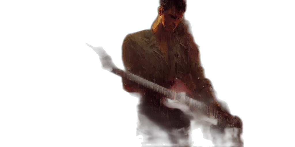 jacket, weapon, concept art, photorealistic, comic book art, 3d render, fog, guitar transparent PNG cut-out