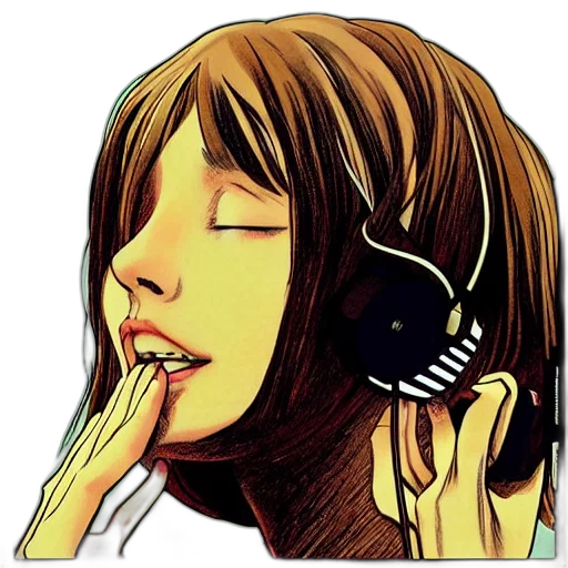 cartoon, photorealistic, comic book art, vaporwave, elizabeth, olsen, listening, music transparent PNG cut-out