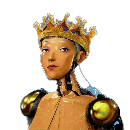 robot, crown, face, staff, 3d render, concept art, photorealistic, fantasy art transparent PNG cut-out