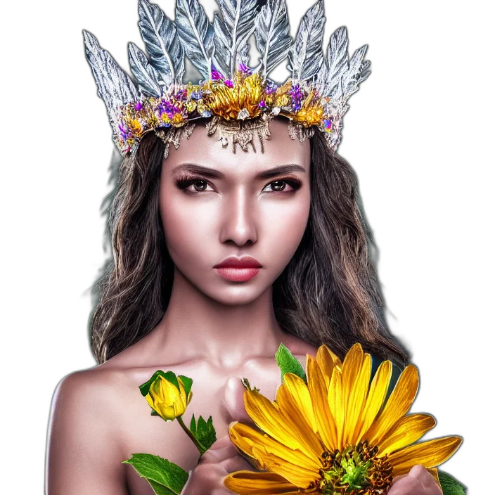 crown, jewelry, flower, face, photorealistic, fantasy art, concept art, 3d render transparent PNG cut-out