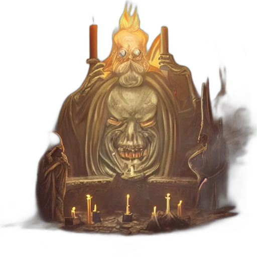 crown, mask, face, staff, concept art, fantasy art, fire, dark transparent PNG cut-out