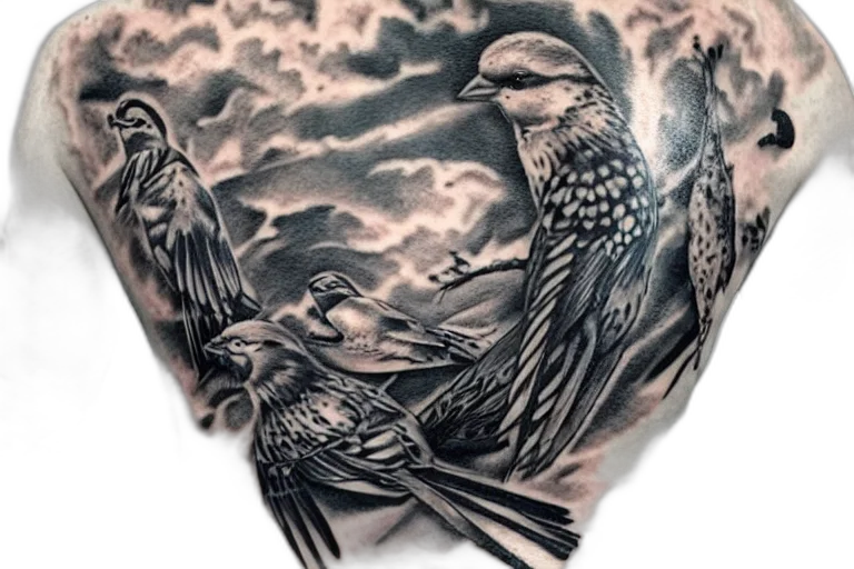 jacket, dress, photorealistic, fantasy art, three, sparrows, tattooed, man transparent PNG cut-out