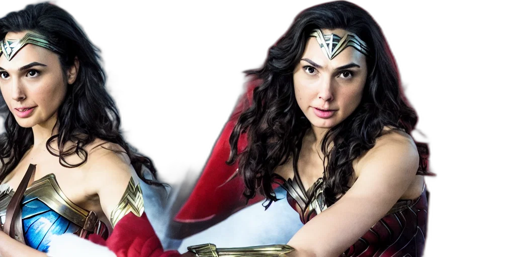 comic book art, photograph, gal, gadot, dressed, wonder, woman, sitting transparent PNG cut-out