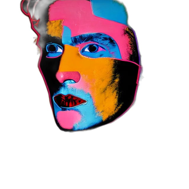 mask, face, jacket, crown, cartoon, vaporwave, photorealistic, watercolor transparent PNG cut-out