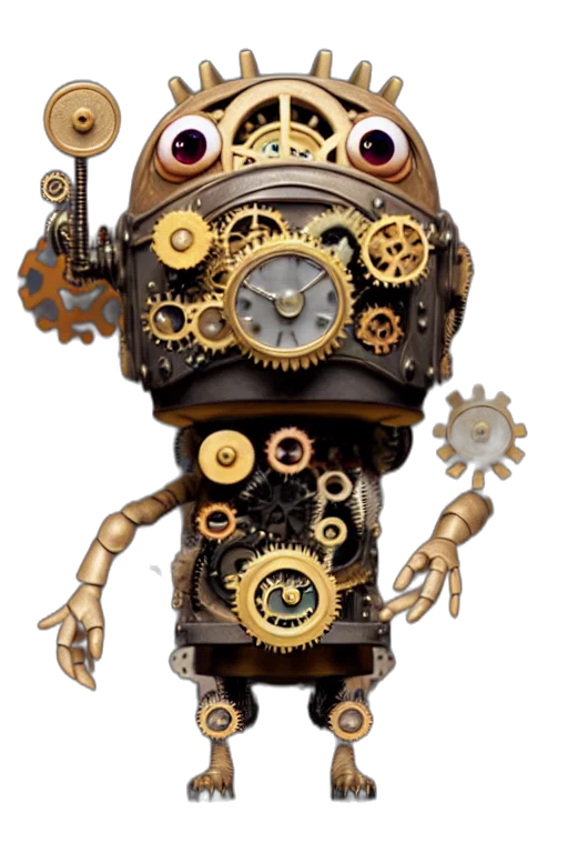 robot, staff, concept art, 3d render, cyberpunk, tiny, cute, steampunk transparent PNG cut-out