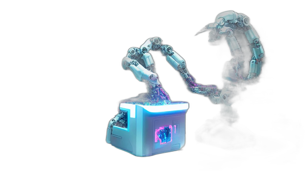 robot, concept art, cyberpunk, 3d render, vaporwave, neon lights, bladerunner, complex transparent PNG cut-out