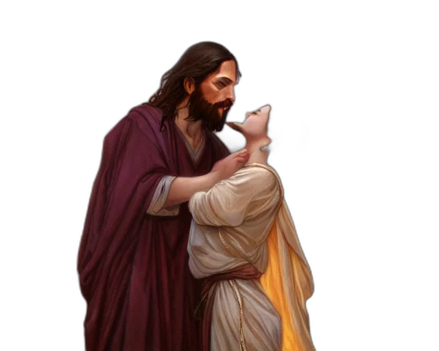 concept art, photorealistic, photography, jesus, kissing, prostitute, jerusalem, deep transparent PNG cut-out