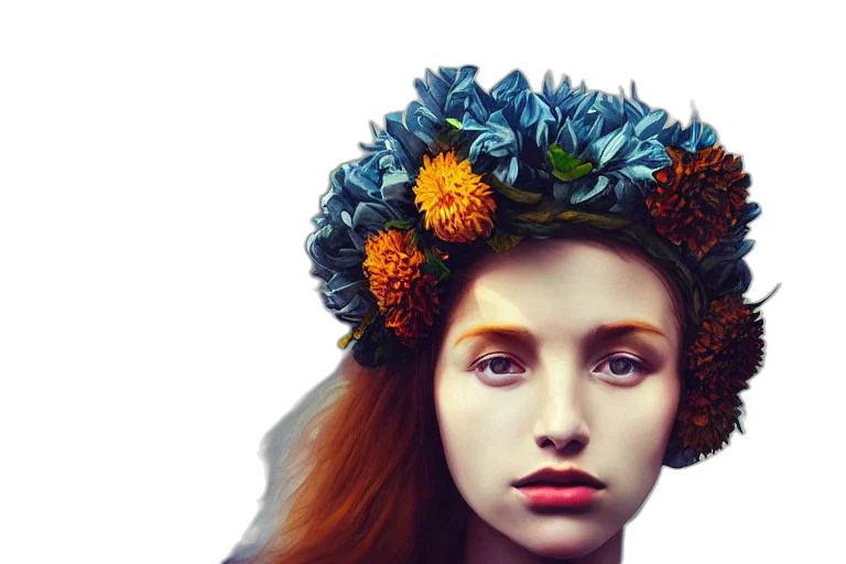 crown, hat, face, flower, photorealistic, fantasy art, oil painting, concept art transparent PNG cut-out