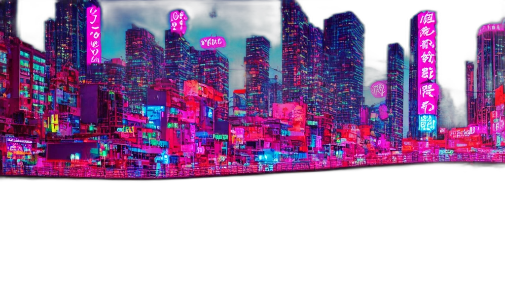 building, umbrella, cyberpunk, vaporwave, 3d render, concept art, neon lights, city street transparent PNG cut-out