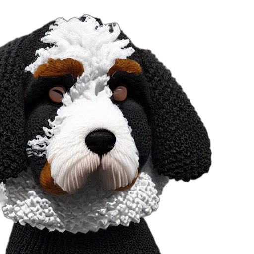 hat, 3d render, closeup, photorealistic, illustration, smiling, knitted, bernedoodle transparent PNG cut-out