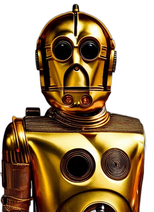 robot, mask, staff, 3d render, concept art, photorealistic, golden, portrait transparent PNG cut-out