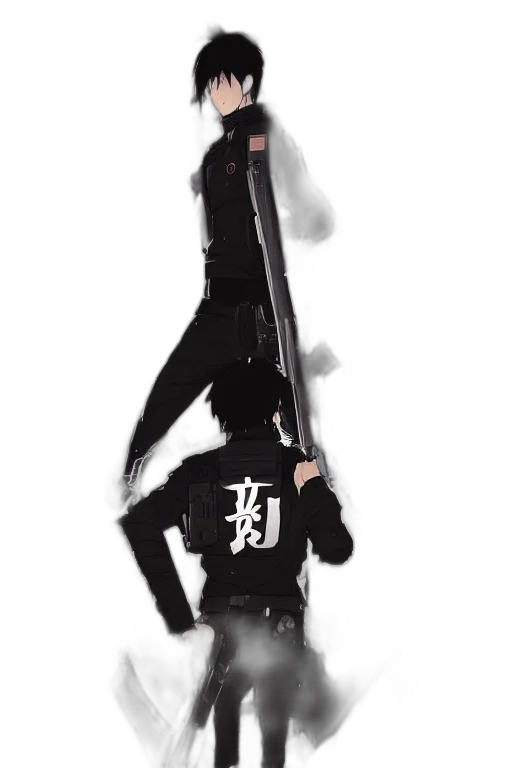 jacket, staff, creature, sword transparent PNG cut-out