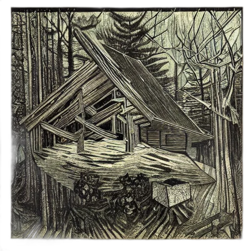concept art, photorealistic, forest, night, snow, rain, log, cabin transparent PNG cut-out