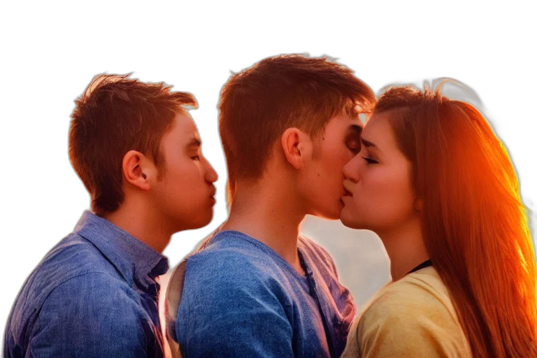 photorealistic, fire, sunset, neon lights, girl, kiss, man, poster transparent PNG cut-out