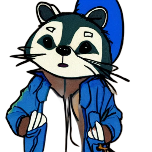 jacket, cartoon, concept art, comic book art, pixel art, blue, anthropomorphic, racoon transparent PNG cut-out
