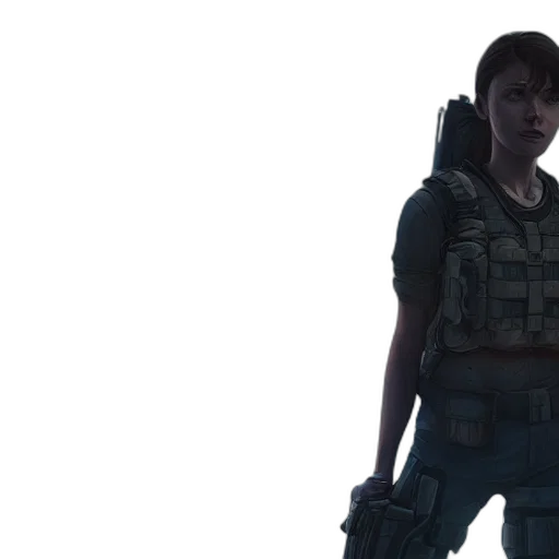 weapon, jacket, concept art, cyberpunk, 3d render, photorealistic, portrait, girl transparent PNG cut-out