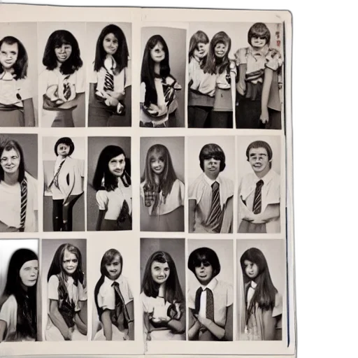 dress, staff, hair, high, school, photo, book, 1974 transparent PNG cut-out