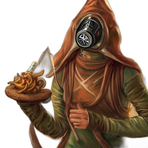 staff, food, mask, jacket, concept art, fantasy art, photorealistic, earth tones transparent PNG cut-out
