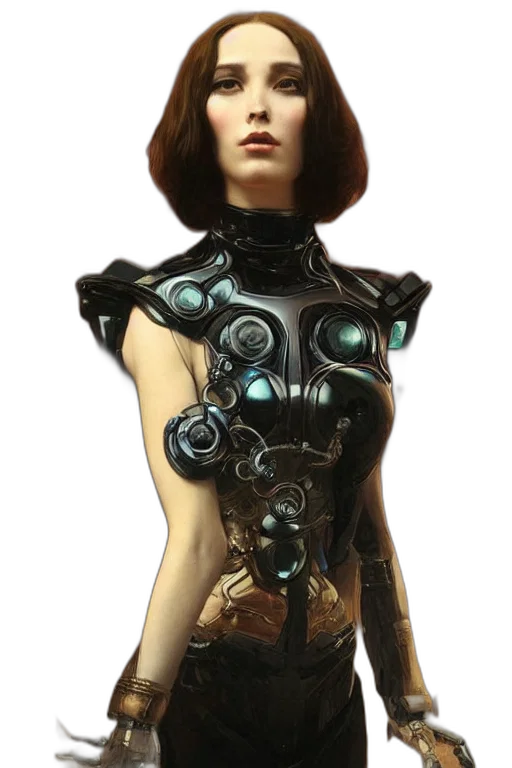 robot, dress, staff, jewelry, concept art, cyberpunk, fantasy art, 3d render transparent PNG cut-out