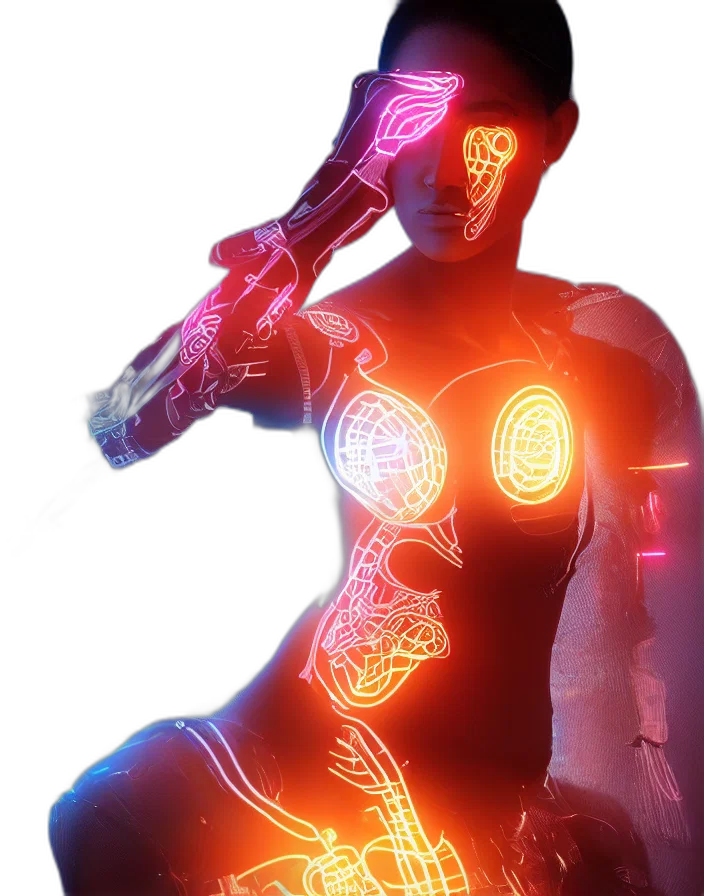 robot, jewelry, dress, staff, cyberpunk, concept art, 3d render, vaporwave transparent PNG cut-out