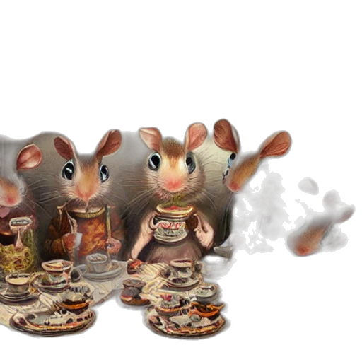3d render, concept art, photorealistic, mice, tea, party, lowbrow, matte transparent PNG cut-out