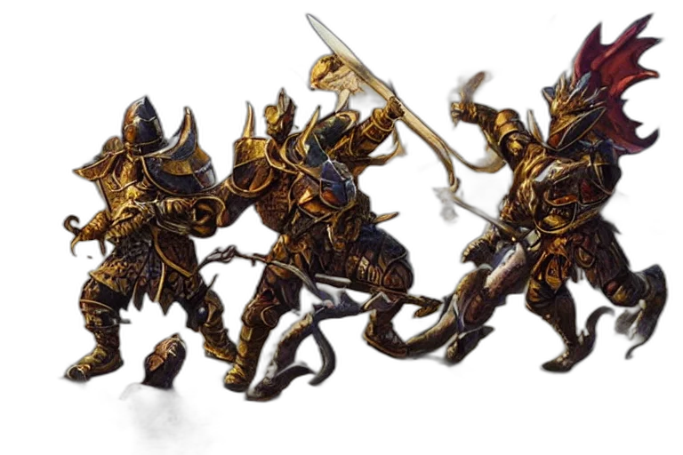 concept art, fantasy art, 3d render, golden, dnd, knights, fighting, dragon transparent PNG cut-out