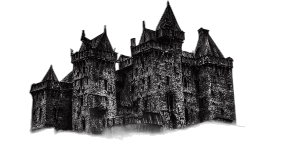 building, concept art, 3d render, fantasy art, photorealistic, city street, fog, monochrome transparent PNG cut-out