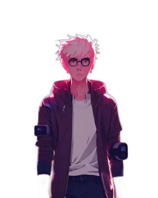 jacket, creature, staff, face, concept art, cyberpunk, pixel art, anime transparent PNG cut-out