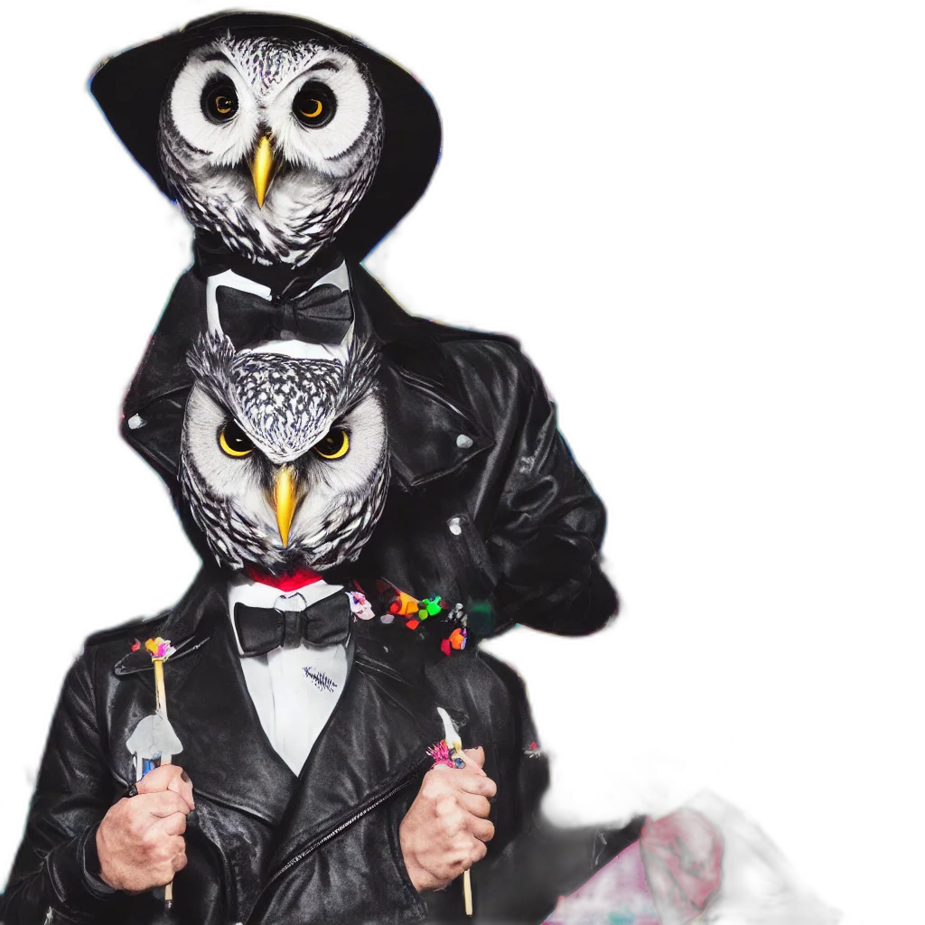 mask, jacket, concept art, gentleman, owl, black, biker, portrait transparent PNG cut-out