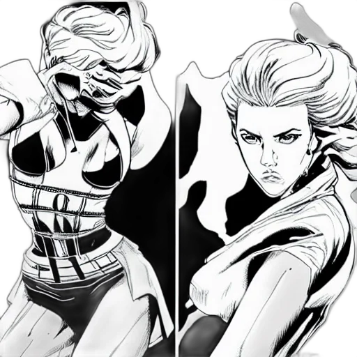 comic book art, concept art, cartoon, fantasy art, monochrome, symmetrical, scarlett, johansson transparent PNG cut-out